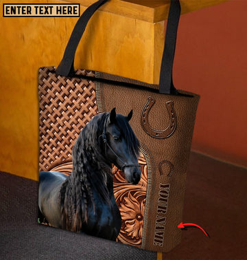Joycorners Friesian Horse Carving Leather Pattern Custom Name 3D Tote Bag