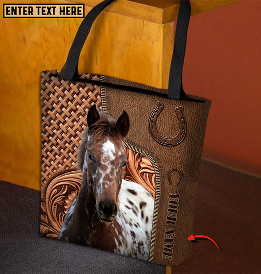 Joycorners Appaloosa Horse Carving Leather Pattern Custom Name 3D Tote Bag