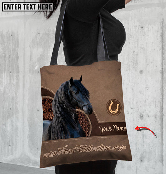 Joycorners Friesian Horse Never Walk Alone Custom Name 3D Tote Bag