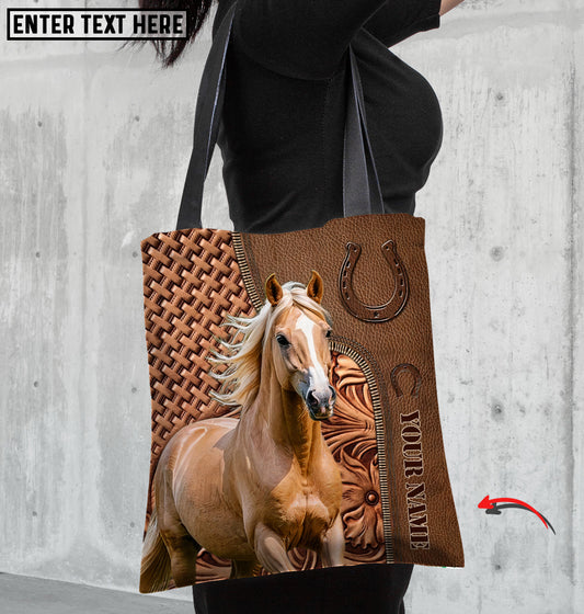 Joycorners Palomino Horse Carving Leather Pattern Custom Name 3D Tote Bag