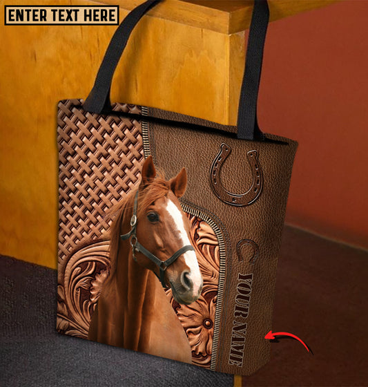 Joycorners Thoroughbred Horse Carving Leather Pattern Custom Name 3D Tote Bag