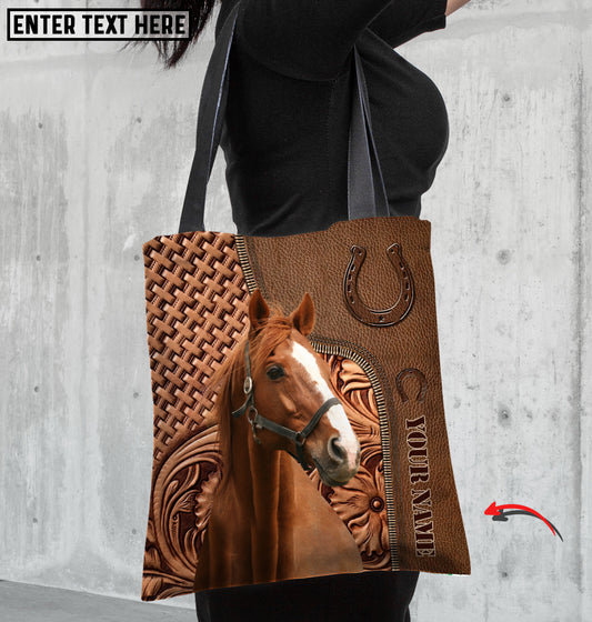 Joycorners Thoroughbred Horse Carving Leather Pattern Custom Name 3D Tote Bag