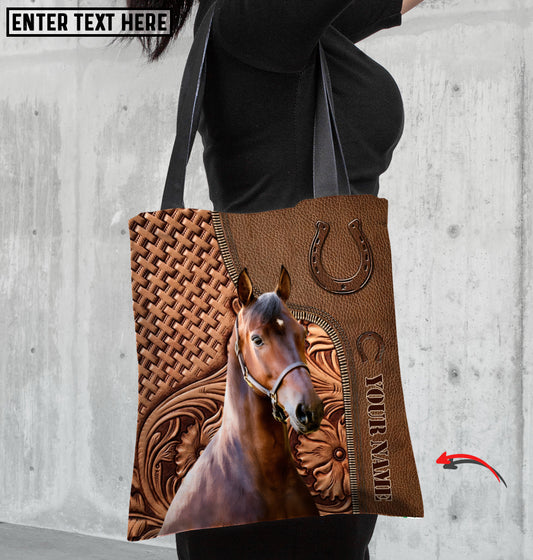 Joycorners Morgan Horse Carving Leather Pattern Custom Name 3D Tote Bag