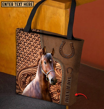 Joycorners Morgan Horse Carving Leather Pattern Custom Name 3D Tote Bag