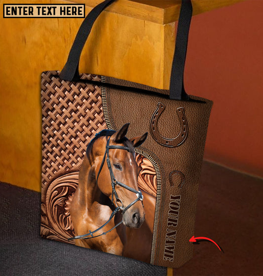 Joycorners Warmblood Horse Carving Leather Pattern Custom Name 3D Tote Bag