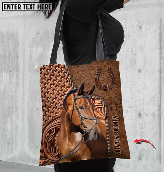 Joycorners Warmblood Horse Carving Leather Pattern Custom Name 3D Tote Bag
