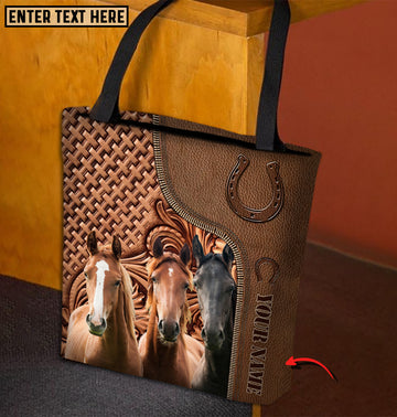 Joycorners Three Horses Lovers Carving Leather Pattern Custom Name 3D Tote Bag