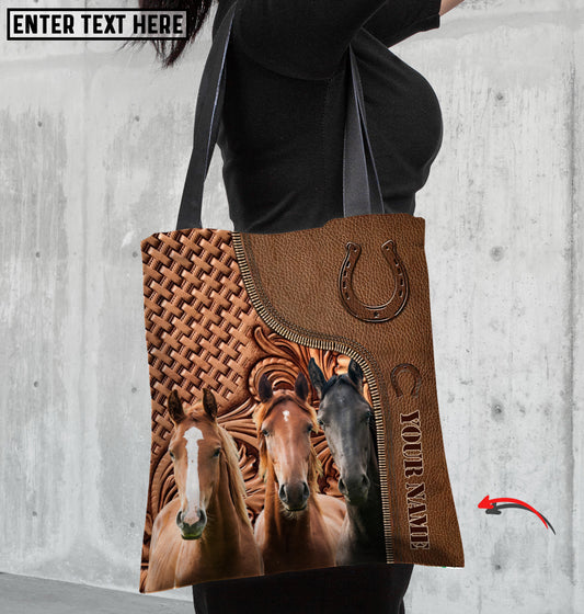 Joycorners Three Horses Lovers Carving Leather Pattern Custom Name 3D Tote Bag