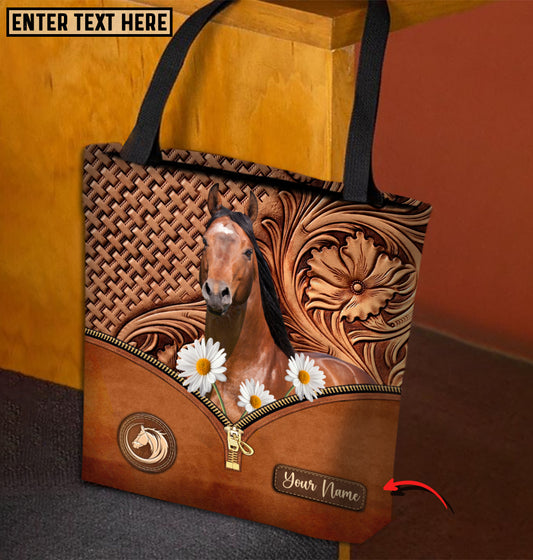 Joycorners Daisy American Quarter Horse Carving Leather Pattern Custom Name 3D Tote Bag