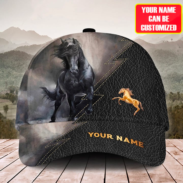 Joycorners Black Horse Lover Leather Pattern Customized Name Cap