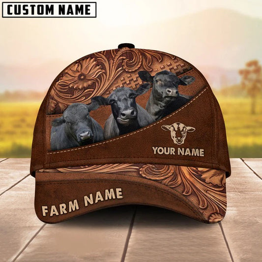 Joycorners Black Angus Customized Name And Farm Name Carving Leather Pattern 3D Classic Cap