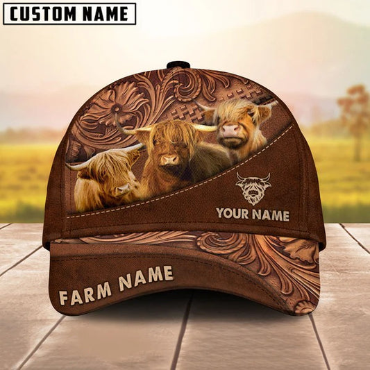 Joycorners Highland Customized Name And Farm Name Carving Leather Pattern 3D Classic Cap