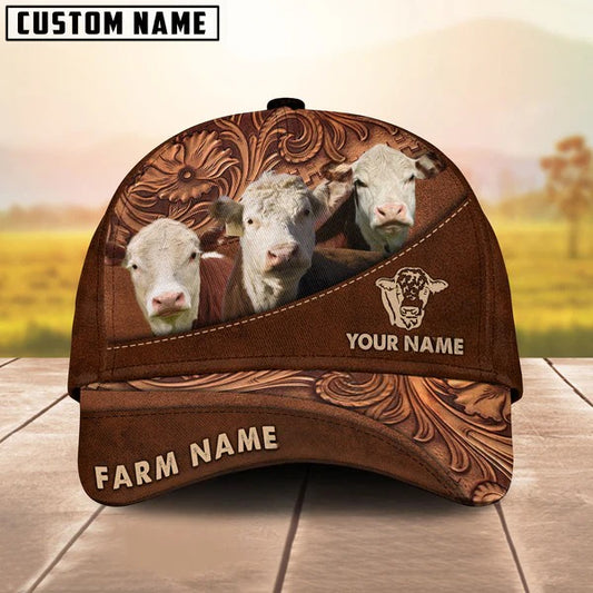 Joycorners Hereford Customized Name And Farm Name Carving Leather Pattern 3D Classic Cap