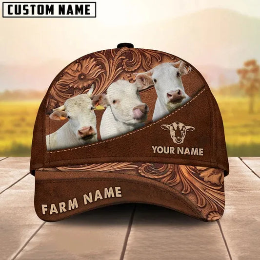 Joycorners Charolais Customized Name And Farm Name Carving Leather Pattern 3D Classic Cap