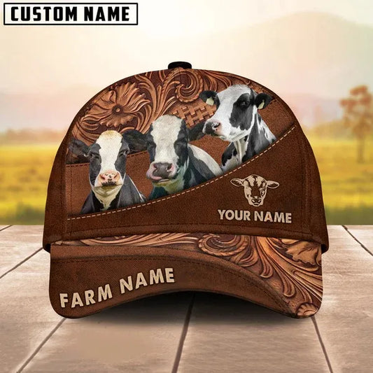 Joycorners Holstein Customized Name And Farm Name Carving Leather Pattern 3D Classic Cap