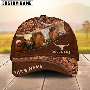 Joycorners Texas Longhorn Customized Name And Farm Name Carving Leather Pattern 3D Classic Cap