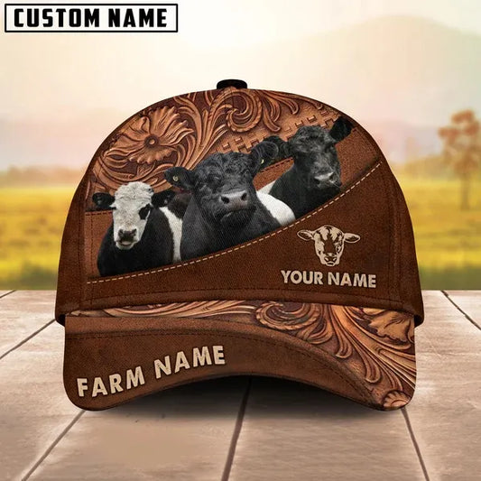 Joycorners Belted Galloway Customized Name And Farm Name Carving Leather Pattern 3D Classic Cap