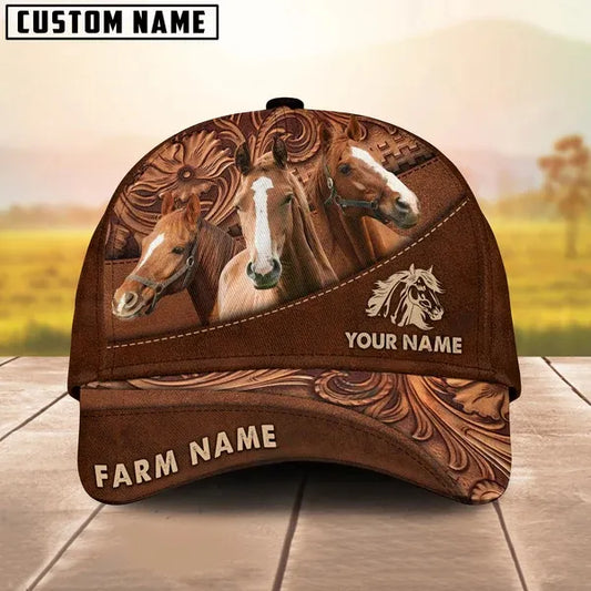 Joycorners Horse Customized Name And Farm Name Carving Leather Pattern 3D Classic Cap