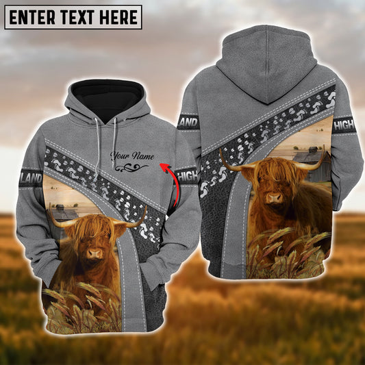 Joycorners Custom Name Highland Cattle Grey Pattern 3D Printed Hoodie