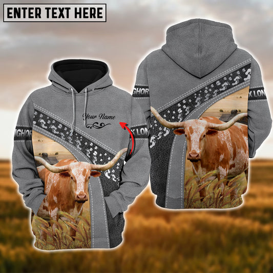 Joycorners Custom Name Texas Longhorn Cattle Grey Pattern 3D Printed Hoodie