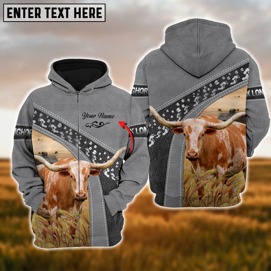 Joycorners Custom Name Texas Longhorn Cattle Grey Pattern 3D Printed Hoodie