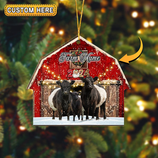 Joycorners Belted Galloway Cattle Christmas Gift Red Barn Custom Shape Acrylic Ornament