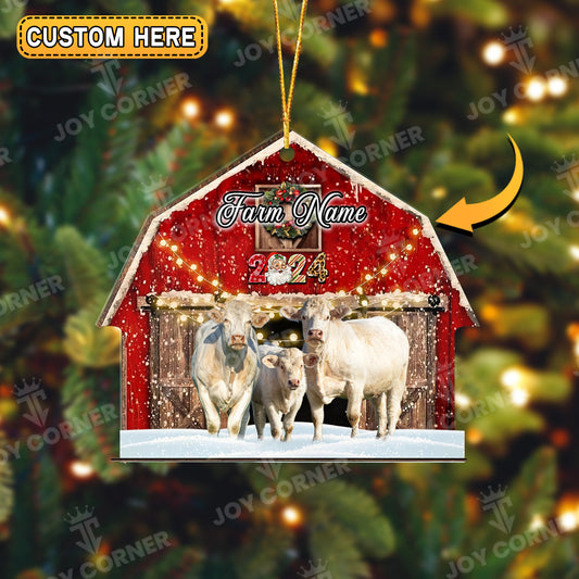 Joycorners Charolais Cattle Christmas Gift Red Barn Custom Shape Acrylic Ornament