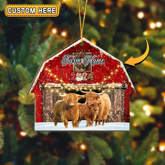 Joycorners Highland Cattle Christmas Gift Red Barn Custom Shape Acrylic Ornament