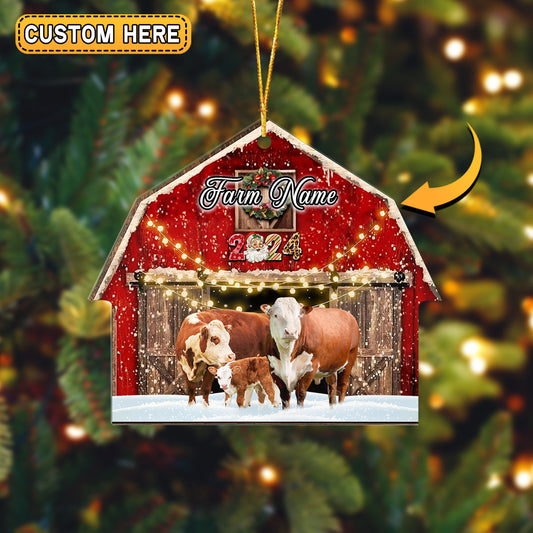 Joycorners Hereford Cattle Christmas Gift Red Barn Custom Shape Acrylic Ornament