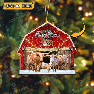 Joycorners Texas Longhorn Cattle Christmas Gift Red Barn Custom Shape Acrylic Ornament