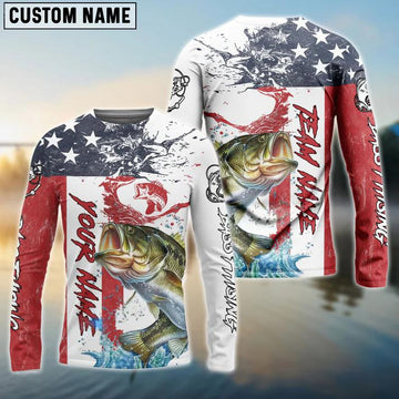 Joycorners Bass Fishing American Flag Red Blue Seawave Custom Name, Team Name Shirt
