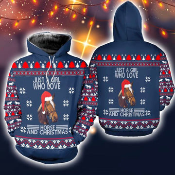 Joycorners Horse Lovers Merry Christmas Just a Girl Who Love Horse and Christmas Pattern 3D Hoodie