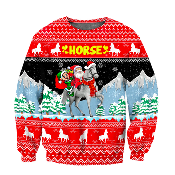 Joycorners White Horse with Santa Claus Merry Christmas Ugly Sweater