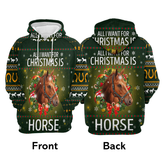 Joycorners Horse Lovers All I Want for Christmas is Horse Pattern 3D Hoodie