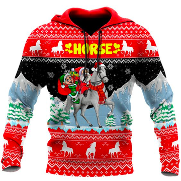 Joycorners White Horse with Santa Claus Merry Christmas Pattern 3D Hoodie