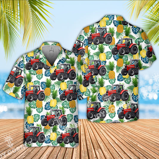 Joycorners Red Tractor Tropical Leaves and Pineapple Pattern Hawaiian Shirt
