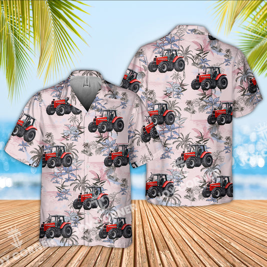 Joycorners Red Tractor Tropical Leaves Pattern Hawaiian Shirt