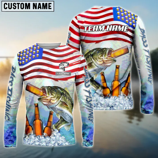Joycorners Bass Fishing American Flag Beer Custom Name, Team Name 3D Shirt