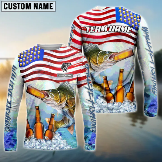 Joycorners Walleye Fishing American Flag Beer Custom Name, Team Name 3D Shirt