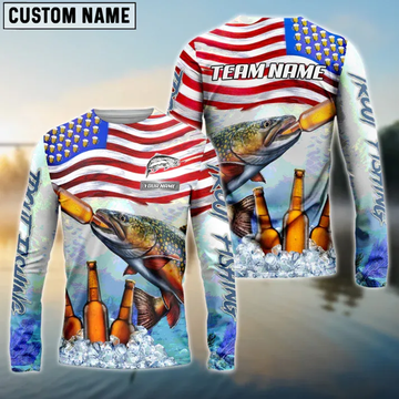 Joycorners Trout Fishing American Flag Beer Custom Name, Team Name 3D Shirt