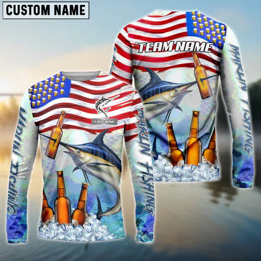 Joycorners Marlin Fishing American Flag Beer Custom Name, Team Name 3D Shirt