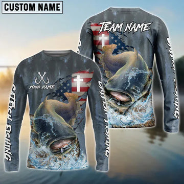 Joycorners Catfish Fishing American Flag Camo Cross Skin Custom Name, Team Name 3D Shirt
