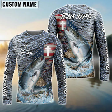 Joycorners Salmon Fishing American Flag Camo Cross Skin Custom Name, Team Name 3D Shirt