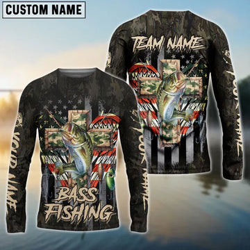 Joycorners Bass Fishing American Flag Camo Cross Gear Custom Name, Team Name 3D Shirt