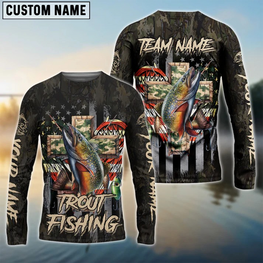 Joycorners Trout Fishing American Flag Camo Cross Gear Custom Name, Team Name 3D Shirt
