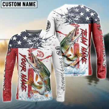 Joycorners Pike Fishing American Flag Red Blue Seawave Custom Name, Team Name Shirt