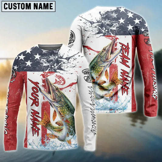 Joycorners Pike Fishing American Flag Red Blue Seawave Custom Name, Team Name Shirt