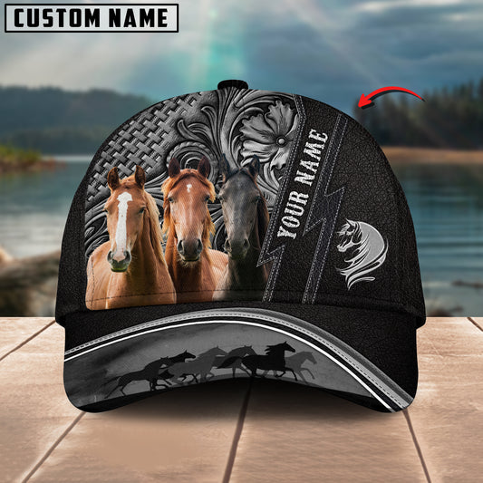 Joycorners Three Horses Carving Leather Pattern Custom Name 3D Classic Cap