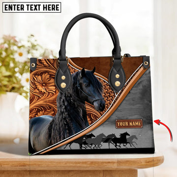 JC Friesian Horse Carving Leather Pattern Custom Name 3D Leather Handbag