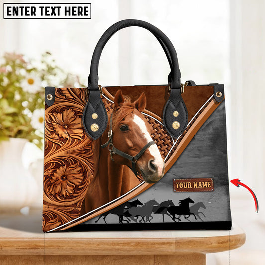 JC Thoroughbred Horse Carving Leather Pattern Custom Name 3D Leather Handbag